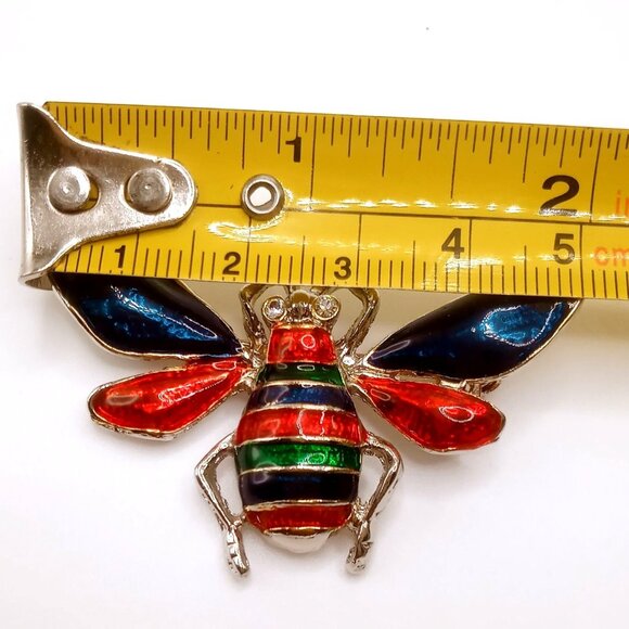 Vintage Bee Brooch Red Blue Green Striped Enameled Rhinestone Silver-tone Pin - Picture 9 of 10